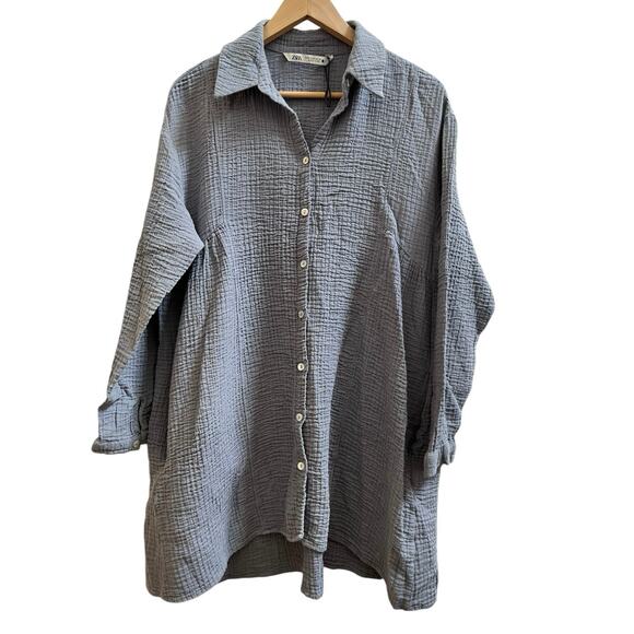 Zara Gauzy Pocket Button Down Collared  Babydoll Tunic Mini Dress Size Medium - Picture 4 of 16